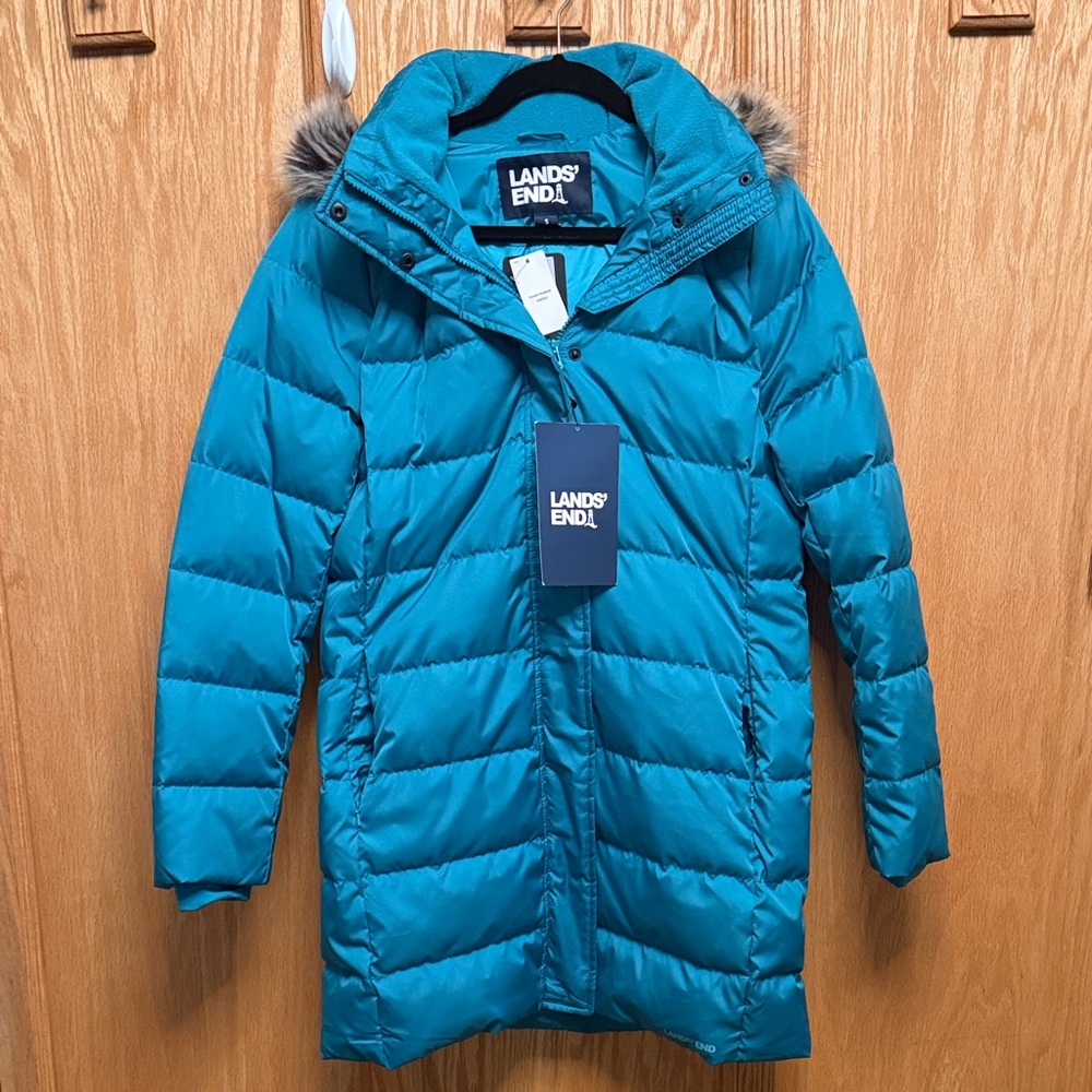Lands' End Teal Quilted Down Jacket with Fur Hood Size Small